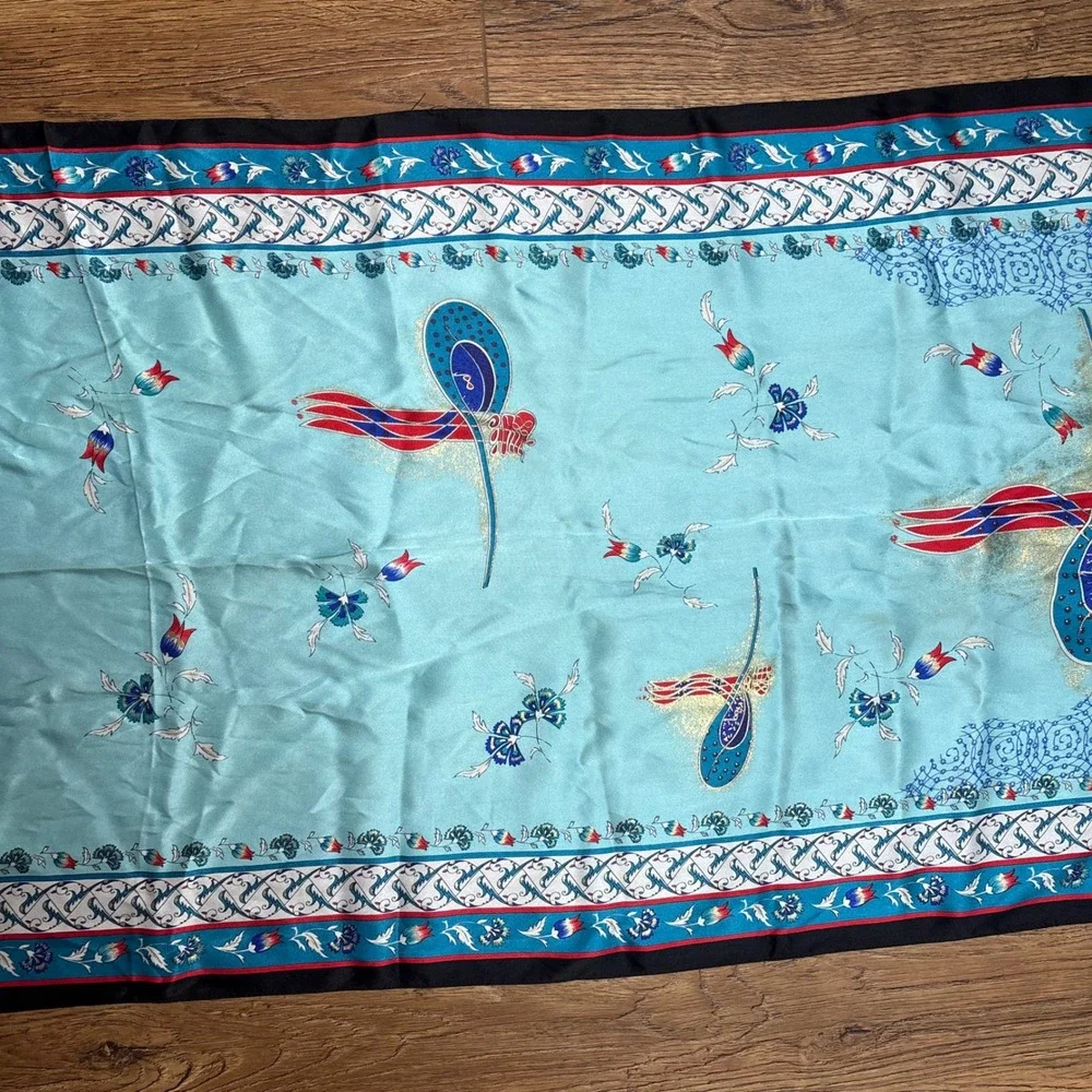 VTG Tilla 100% Silk floral Scarf shawl blue red made in Turkey 58x20 boho luxury